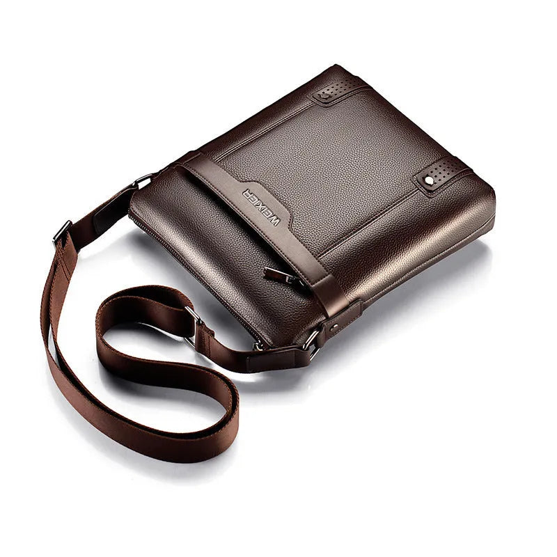 Black PU leather men's casual shoulder bag with zipper opening, shown in medium size.