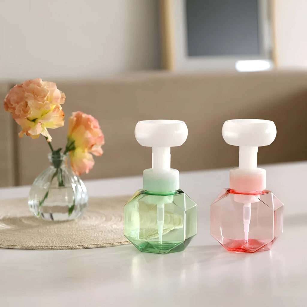 Empty plastic foam dispensing bottle in blue, green, pink or yellow colour.