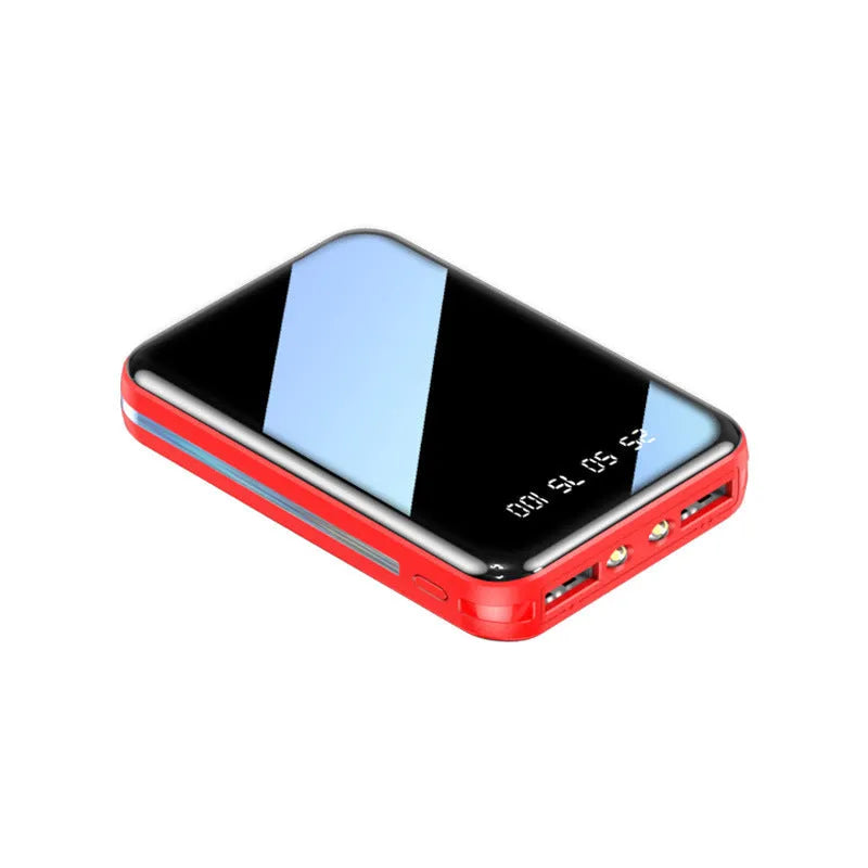 Colour options of a mini digital display power bank showing white, black, blue, pink, and red models.
