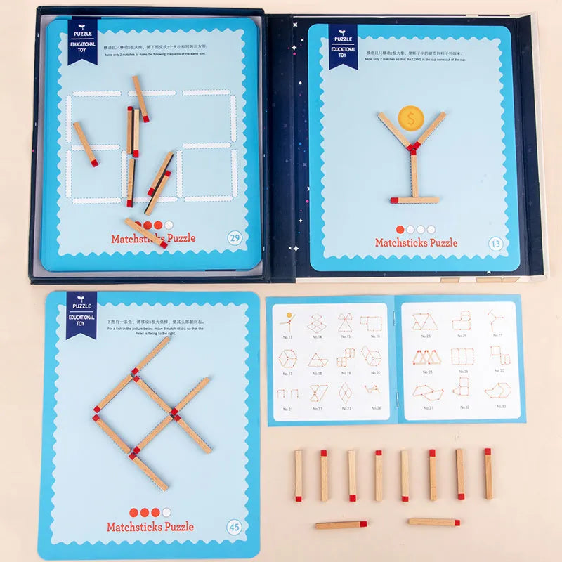 Montessori wooden educational toy with question cards and matches for children's thinking puzzles.