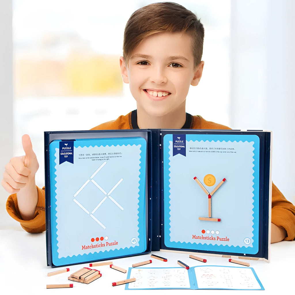 Montessori wooden educational toy with question cards and matches for children's thinking puzzles.