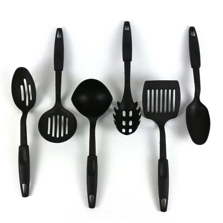 Black rubber kitchen utensil set with shovel and spoon for non-stick cookware