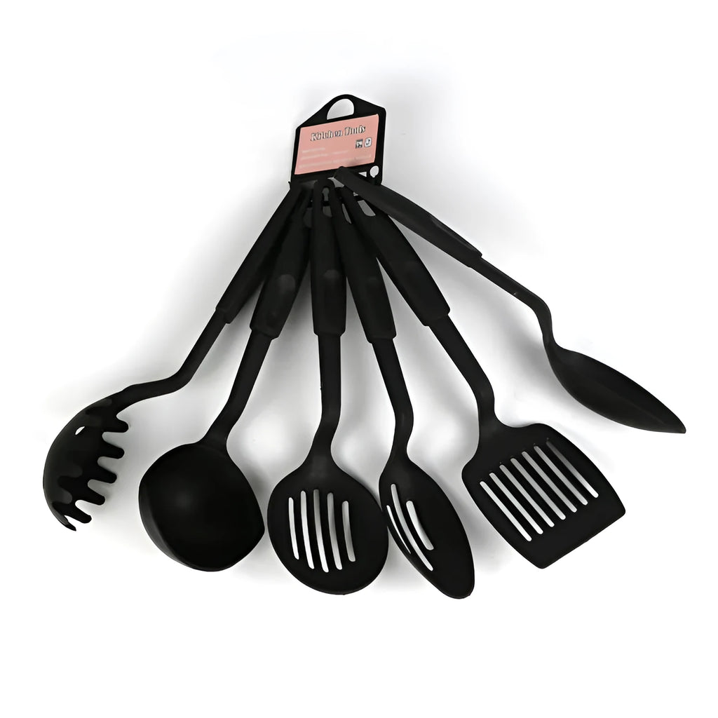 Black rubber kitchen utensil set with shovel and spoon for non-stick cookware