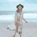 White crochet knitted cotton beach pareo dress with 135cm tassel length and 24cm sleeves for women