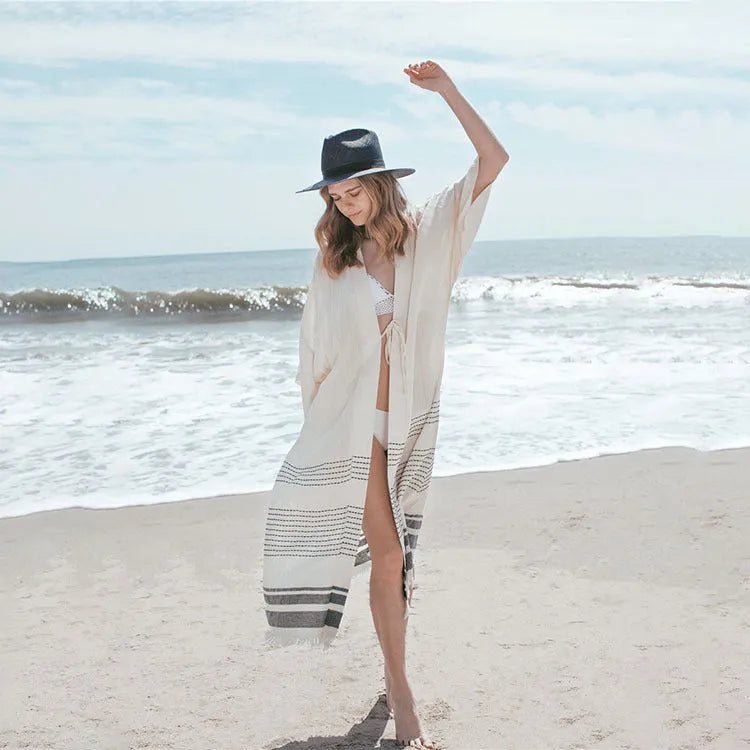 White crochet knitted cotton beach pareo dress with 135cm tassel length and 24cm sleeves for women