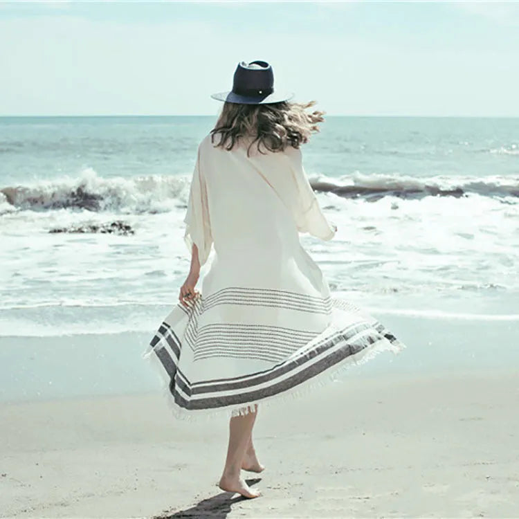 White crochet knitted cotton beach pareo dress with 135cm tassel length and 24cm sleeves for women