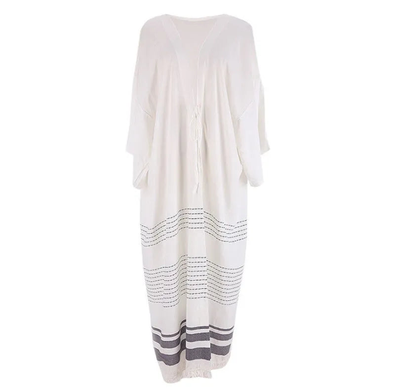 White crochet knitted cotton beach pareo dress with 135cm tassel length and 24cm sleeves for women