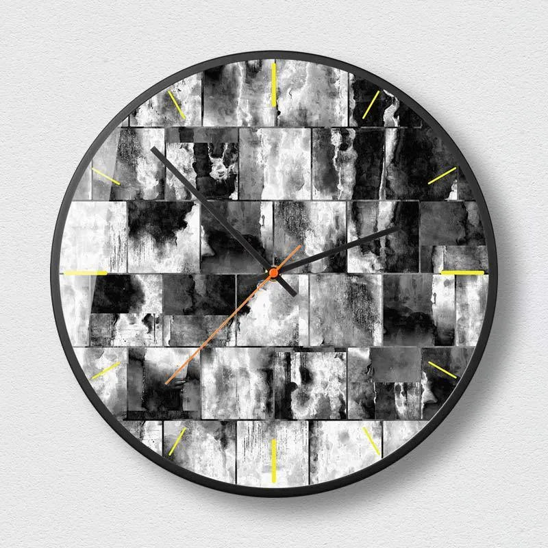Round abstract art design wall clock with metal shell, shown in Mysterious Black.