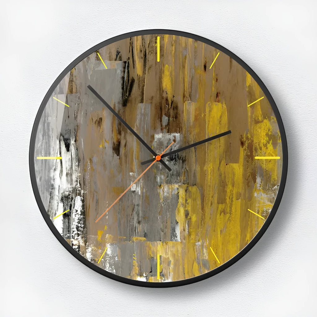 Round abstract art design wall clock with metal shell, shown in Mysterious Black.