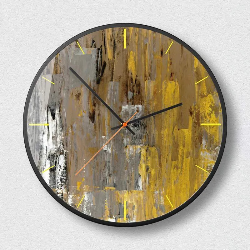 Round abstract art design wall clock with metal shell, shown in Mysterious Black.