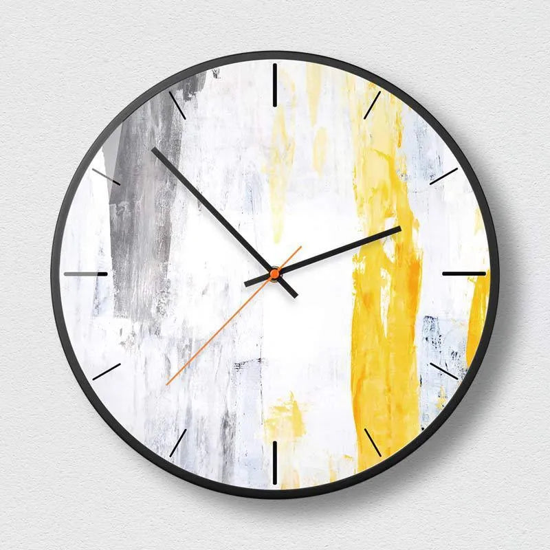 Round abstract art design wall clock with metal shell, shown in Mysterious Black.