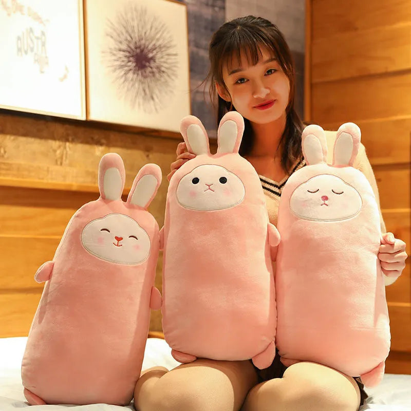 Cherry blossom pink plush rabbit doll with a soft fabric body, shown in 55cm, 75cm and 100cm sizes.