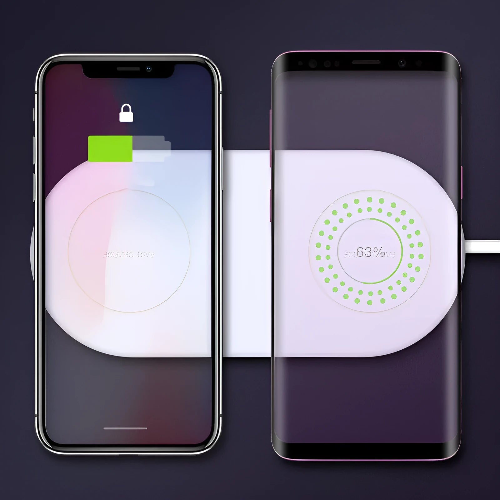 Simple white wireless charging pad showing two mobile phones charging simultaneously on its surface.