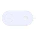 Simple white wireless charging pad showing two mobile phones charging simultaneously on its surface.