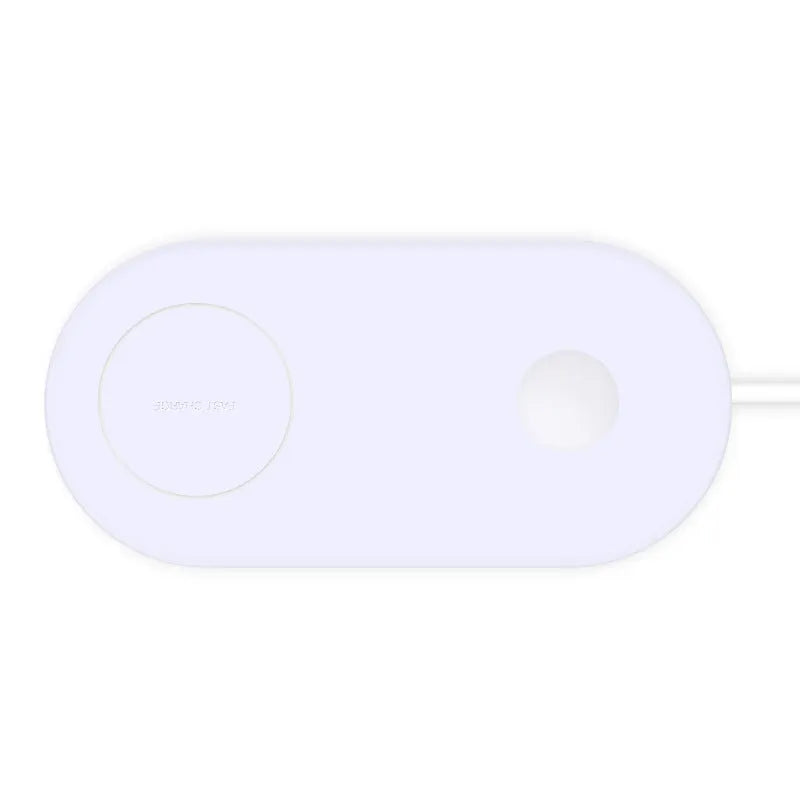 Simple white wireless charging pad showing two mobile phones charging simultaneously on its surface.