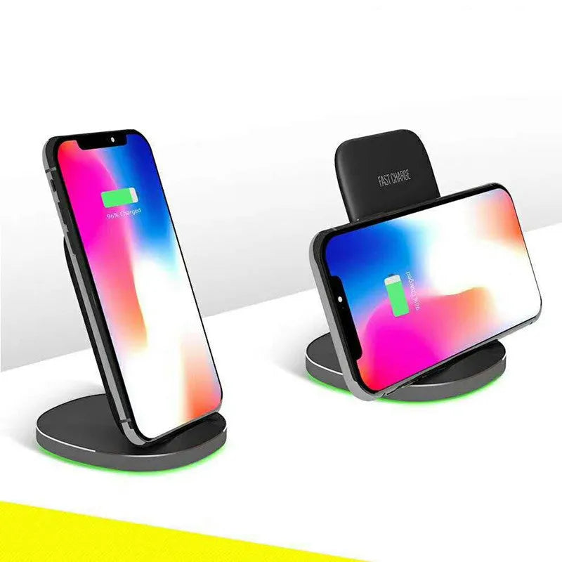 Vertical wireless phone charging dock in black colour showing phone upright in charging slot