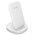 Vertical wireless phone charging dock in black colour showing phone upright in charging slot