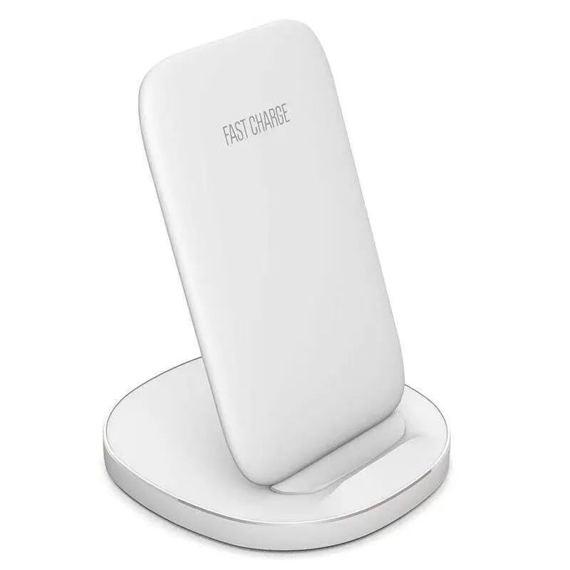 Vertical wireless phone charging dock in black colour showing phone upright in charging slot