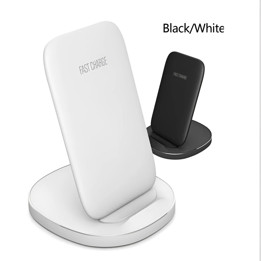 Vertical wireless phone charging dock in black colour showing phone upright in charging slot