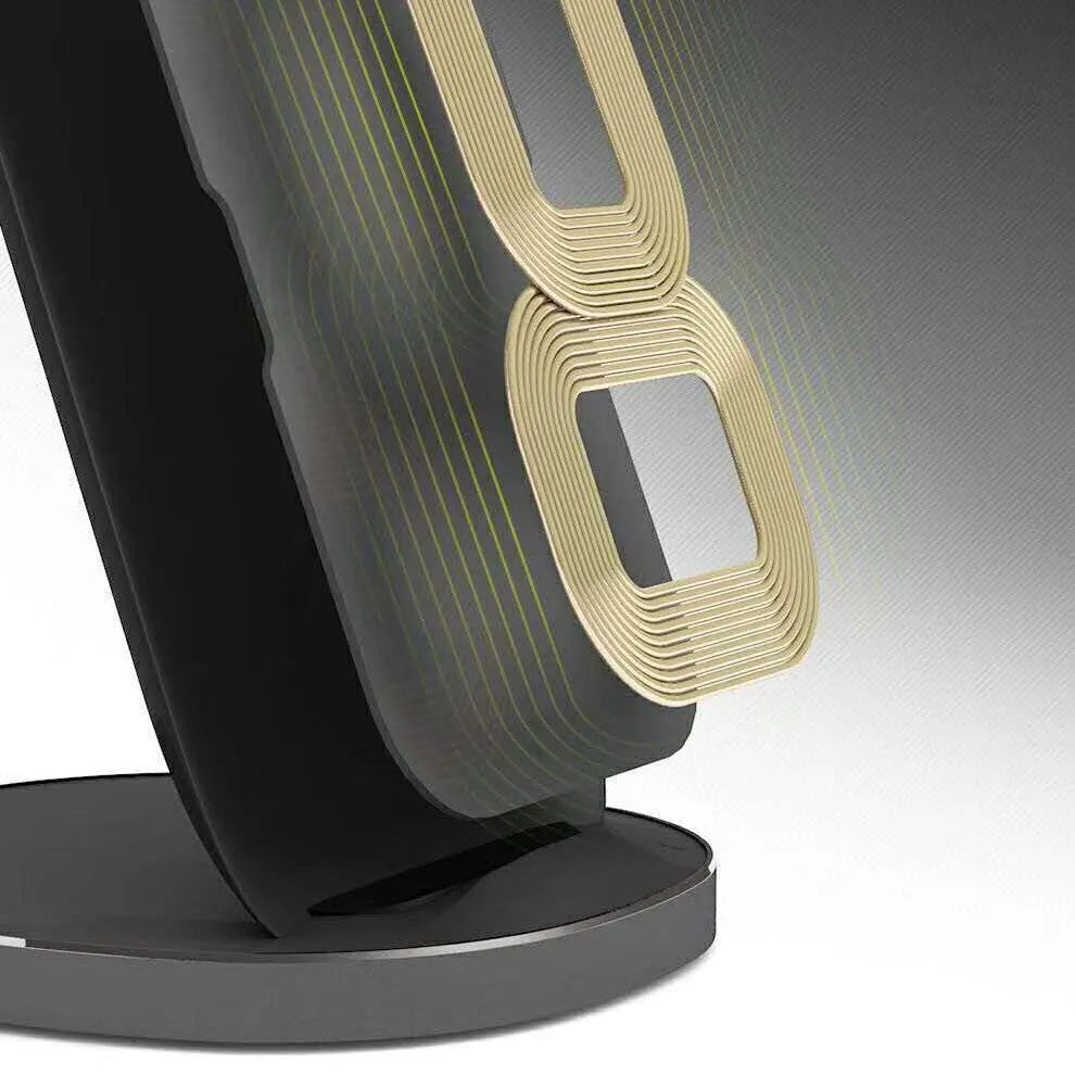 Vertical wireless phone charging dock in black colour showing phone upright in charging slot