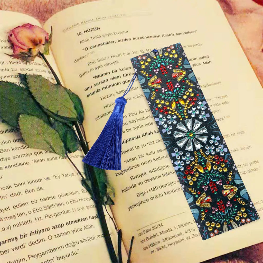 Handcrafted leather bookmark with special-shaped diamond embroidered mandala flower design