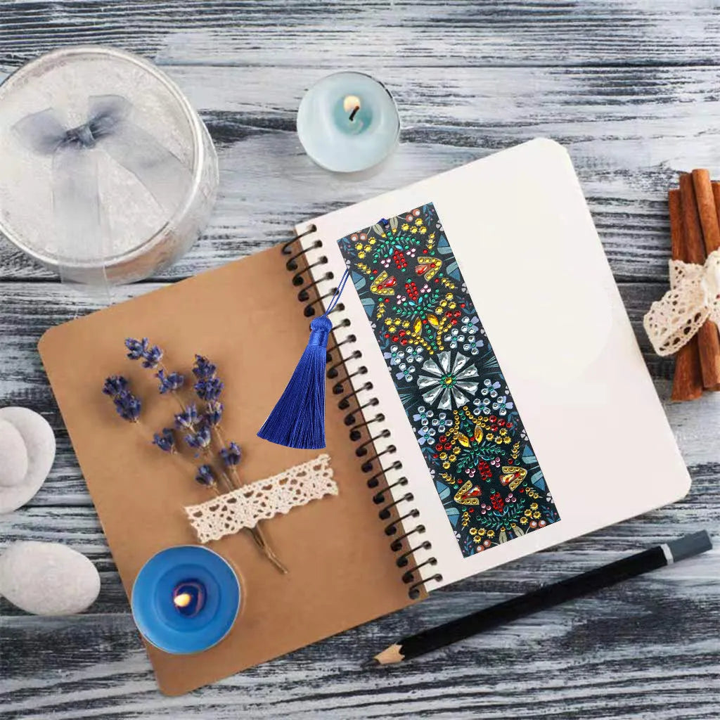 Handcrafted leather bookmark with special-shaped diamond embroidered mandala flower design