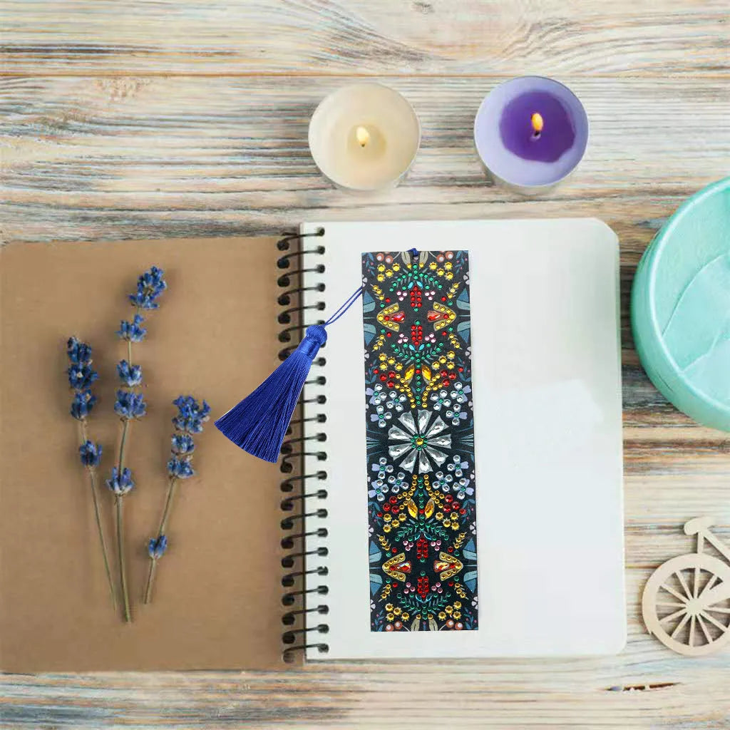 Handcrafted leather bookmark with special-shaped diamond embroidered mandala flower design