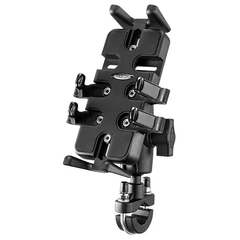 Black nylon universal U-shaped handlebar mount for mobile phones on motorcycles and bicycles.
