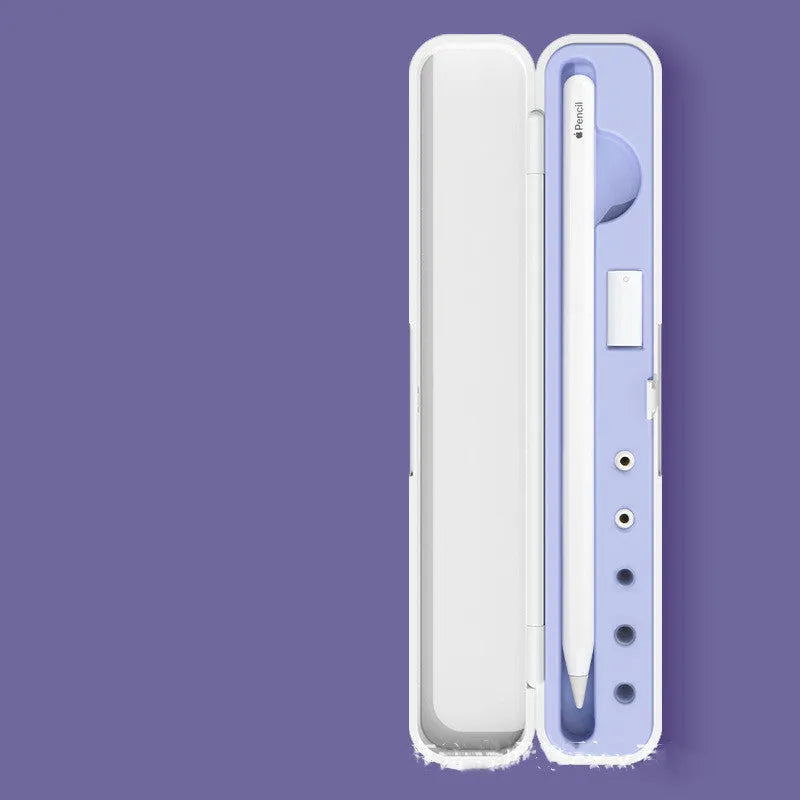 Hard protective case for Apple Pencil with metal carabiner clip, shown in purple, open to reveal elastic strap and mesh adapter pocket.