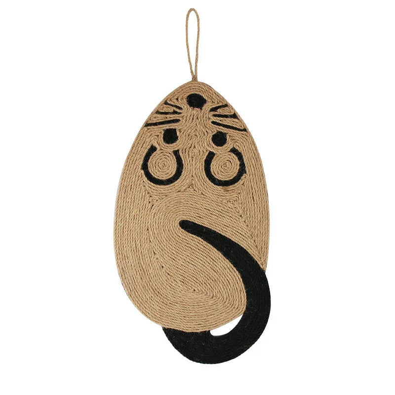 Mouse-shaped sisal cat scratching board on floor; natural fibre texture visible