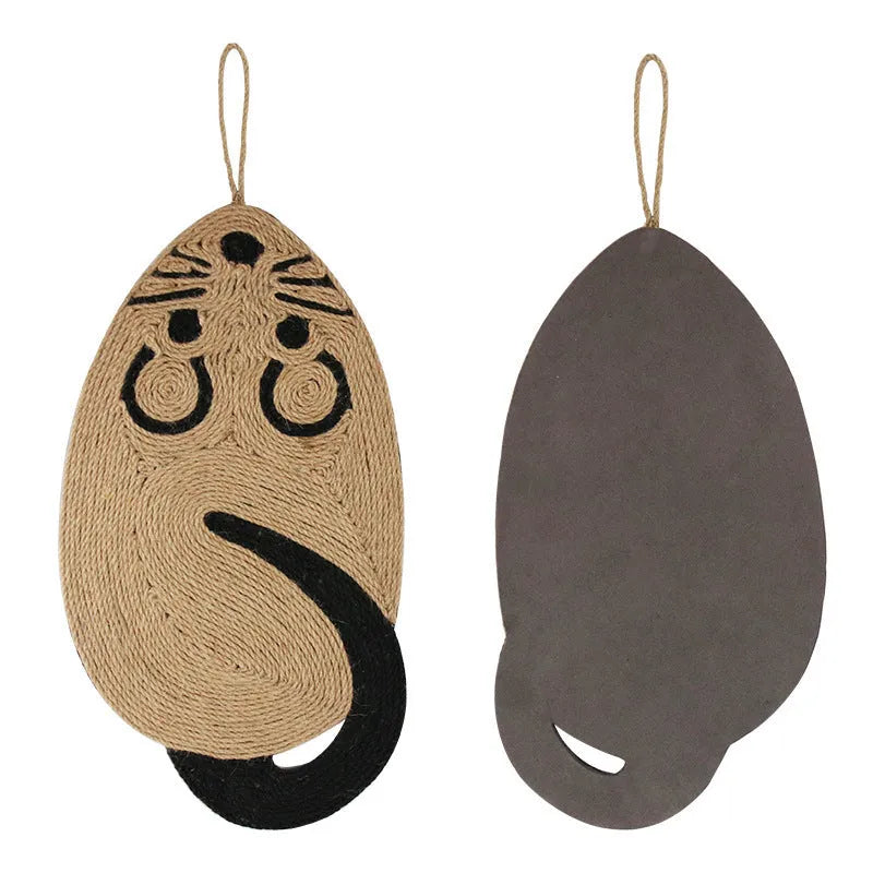 Mouse-shaped sisal cat scratching board on floor; natural fibre texture visible