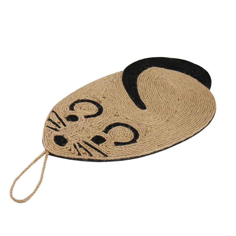 Mouse-shaped sisal cat scratching board on floor; natural fibre texture visible