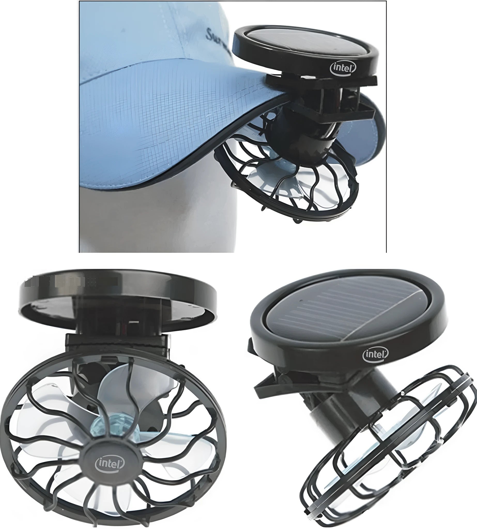 A black clip-on solar panel fan for outdoor cooling during camping or fishing.
