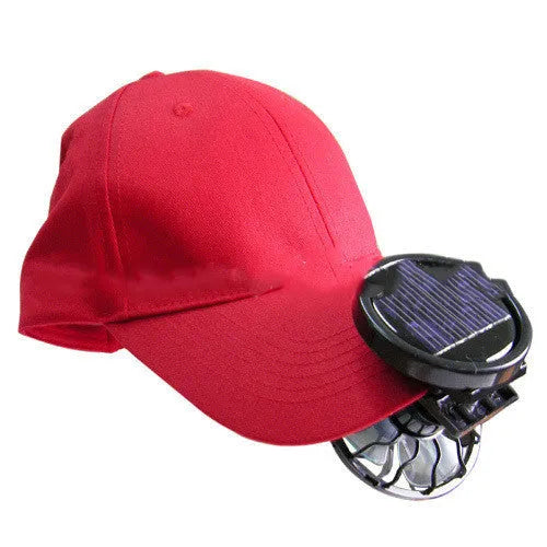 A black clip-on solar panel fan for outdoor cooling during camping or fishing.