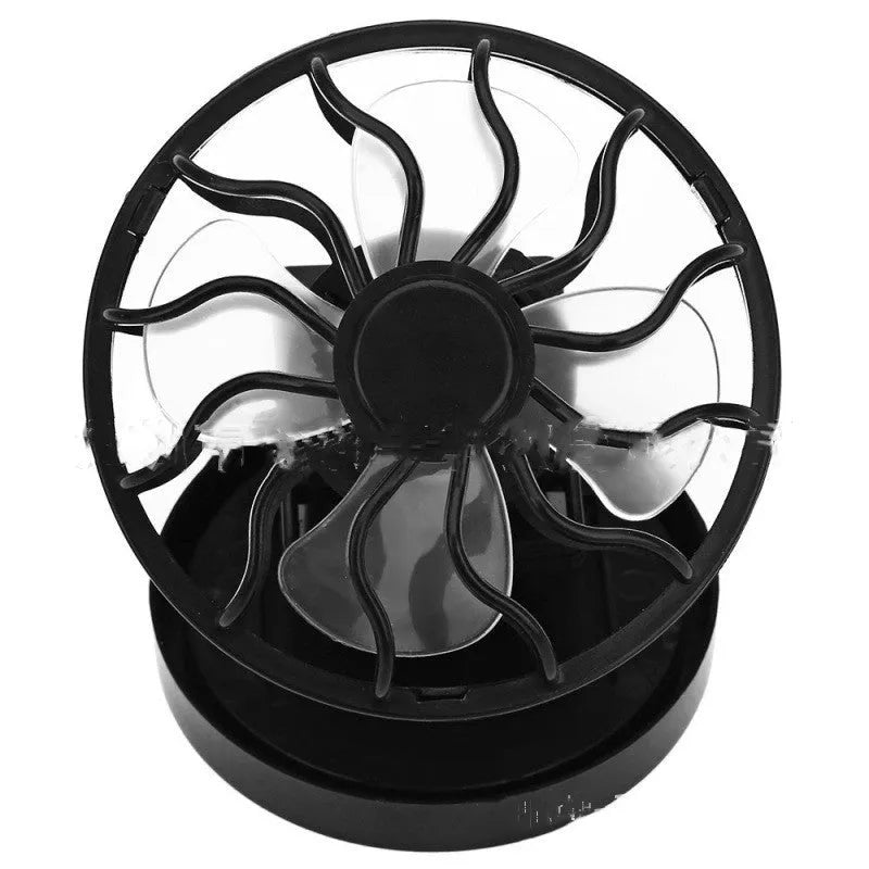 A black clip-on solar panel fan for outdoor cooling during camping or fishing.