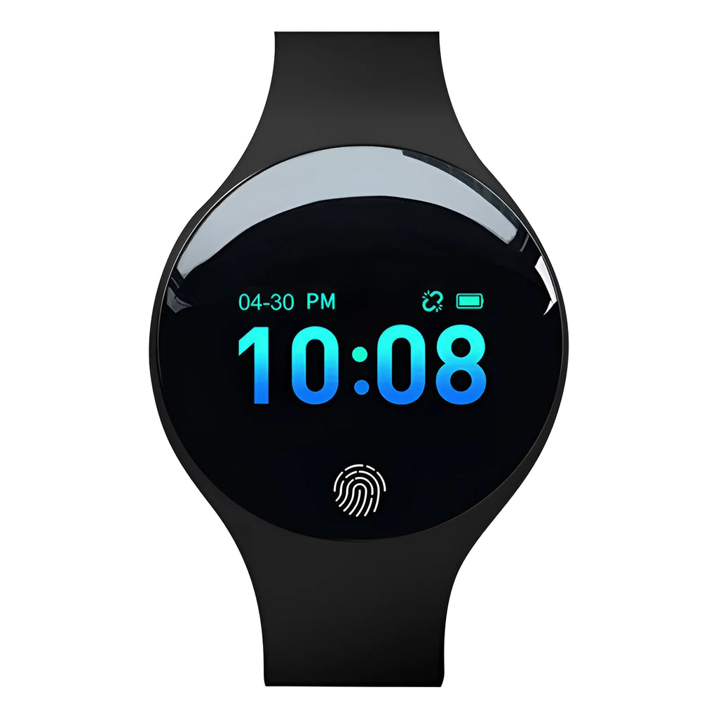 Blue smart watch with digital screen on a black adjustable strap, showing time and Bluetooth icon.