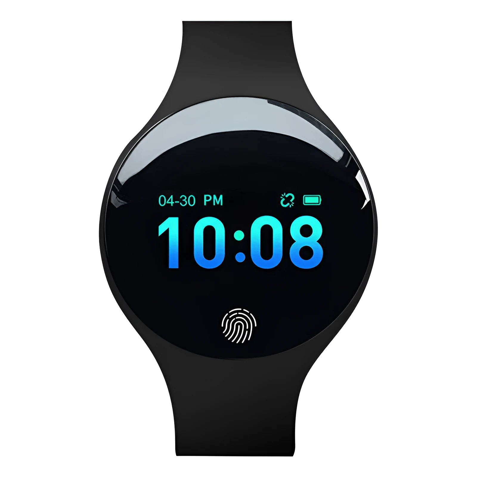 Blue smart watch with digital screen on a black adjustable strap, showing time and Bluetooth icon.