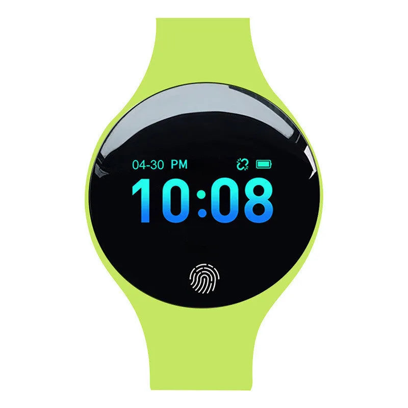 Blue smart watch with digital screen on a black adjustable strap, showing time and Bluetooth icon.