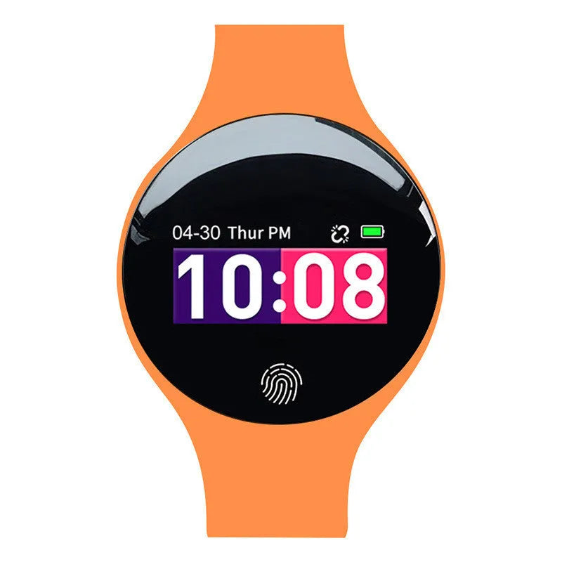 Blue smart watch with digital screen on a black adjustable strap, showing time and Bluetooth icon.