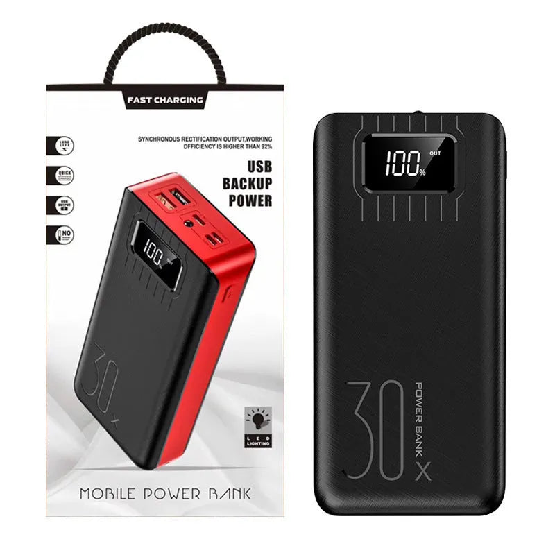Black large-capacity power bank with digital display and LED light