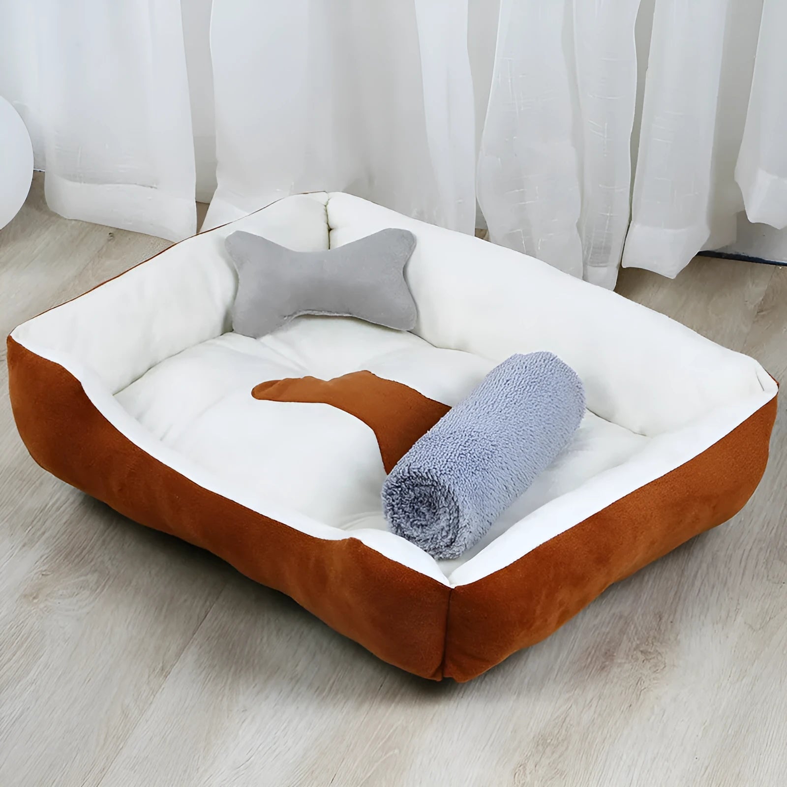 Grey cloth dog kennel bed with padding for indoor use, size 50x40cm to 90x70cm.