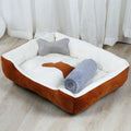Grey cloth dog kennel bed with padding for indoor use, size 50x40cm to 90x70cm.