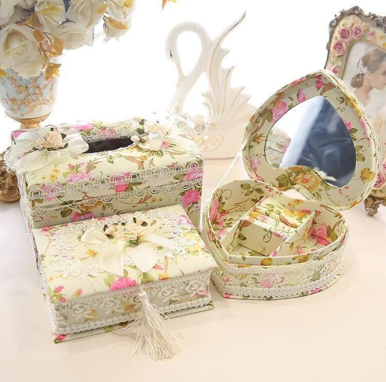 Ceramic floral jewellery and tissue storage box in apricot, pink, or green