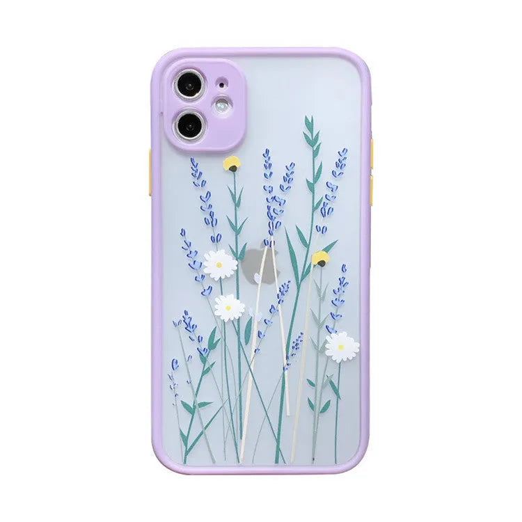 iPhone case with blue flower cartoon design and contrasting pink matte frame on a mobile phone.