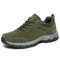 Men's low-cut outdoor hiking shoe in army green with breathable mesh lining and viscose rubber sole.