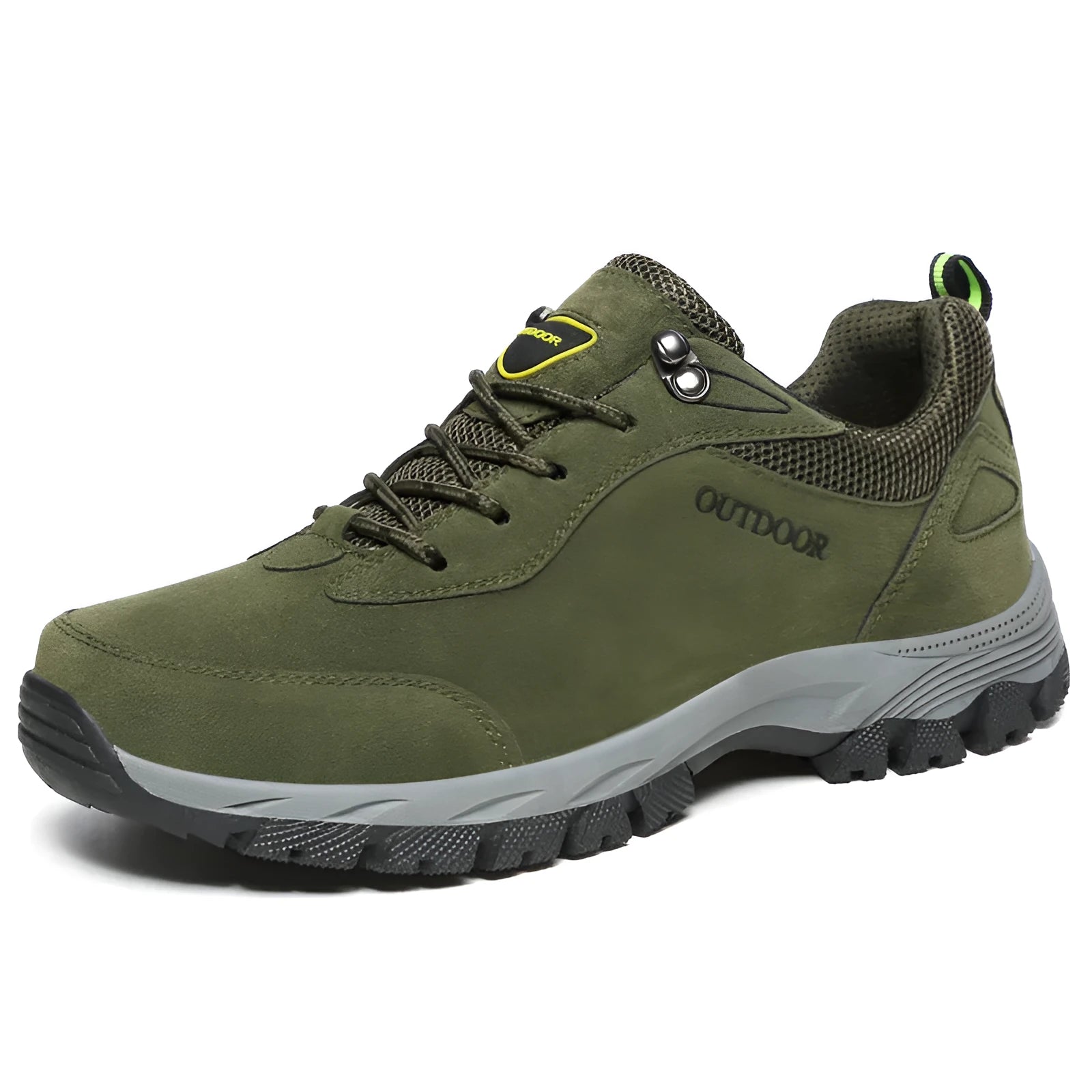 Men's low-cut outdoor hiking shoe in army green with breathable mesh lining and viscose rubber sole.