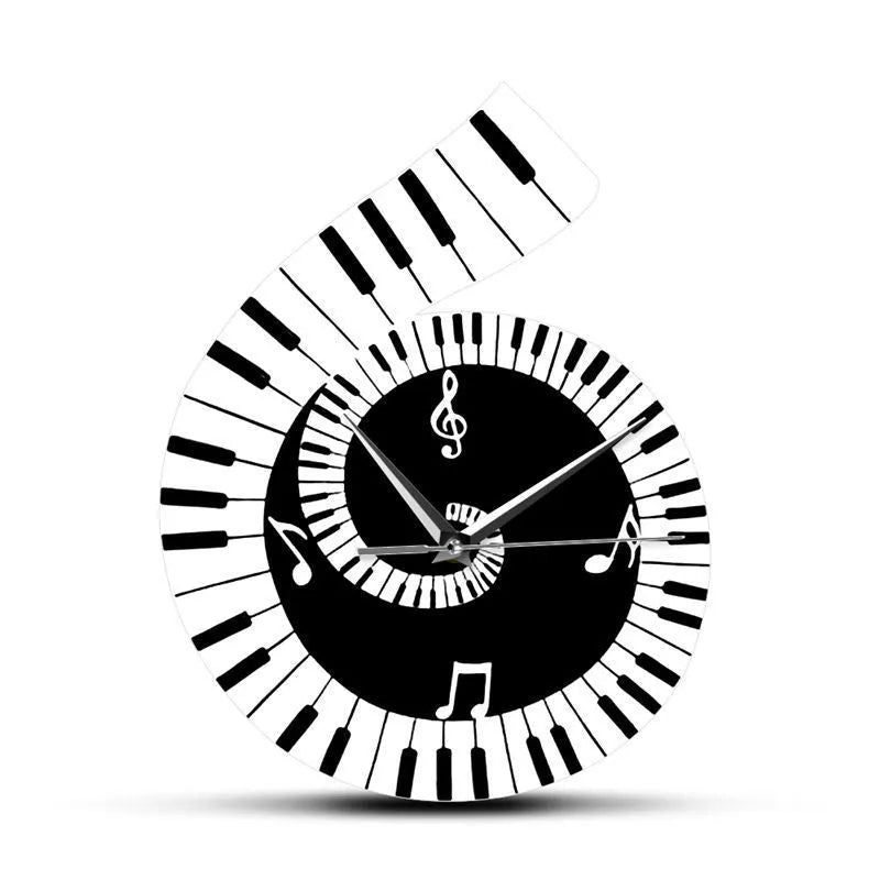 Irregular shaped wall clock with treble clef, piano keyboard and musical note design elements in black and white