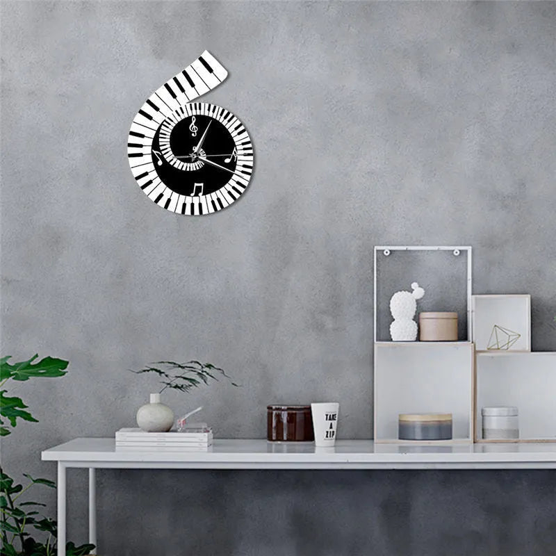 Irregular shaped wall clock with treble clef, piano keyboard and musical note design elements in black and white
