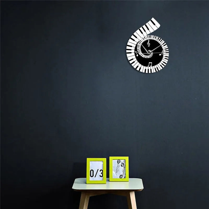Irregular shaped wall clock with treble clef, piano keyboard and musical note design elements in black and white