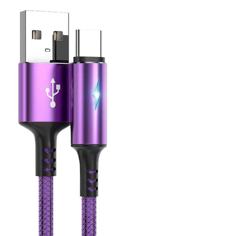 USB data cable compatible with Apple iPhone and Android phones in black red or purple colours